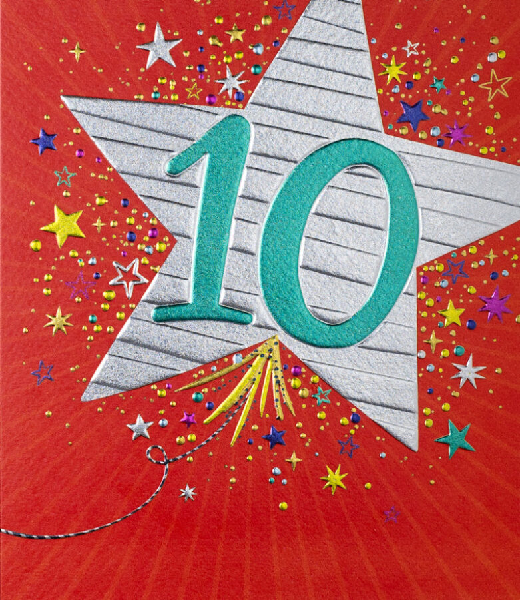 Red birthday card. A silver star balloon and the number ten is in the middle of the card surrounded by smaller stars.