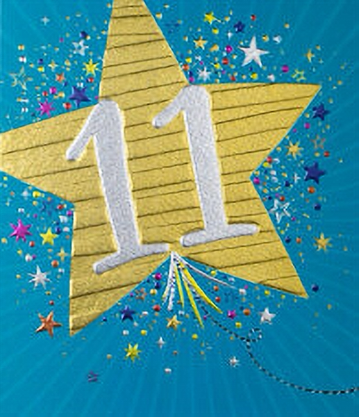 Blue birthday card. A gold star balloon with the number eleven is in the middle of the card with smaller stars surrounding them.