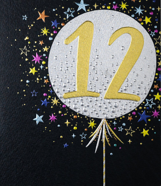 Black birthday card. A silver balloon with the number twelve in the middle of the card surrounded by small stars. 