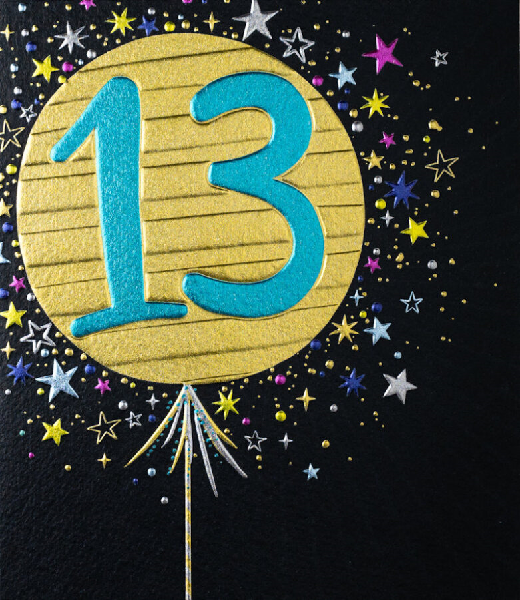 Black birthday card. A silver balloon with the number thirteen in the middle of the card surrounded by smaller stars. 