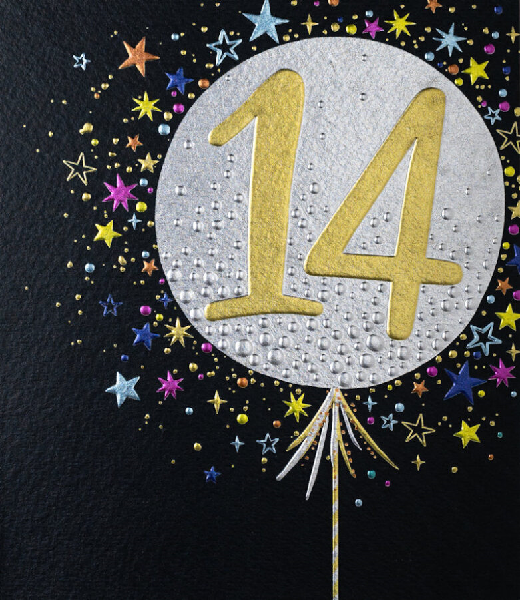 Black birthday card. A silver balloon with the number fourteen in the middle of the card surrounded by smaller stars.