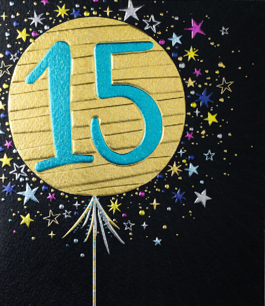 Black birthday card. A gold balloon with the number fifteen in the middle of the card surrounded by smaller stars.