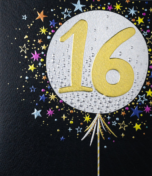 Black birthday card. A silver balloon with the number sixteen in the middle of the card surrounded by smaller stars.