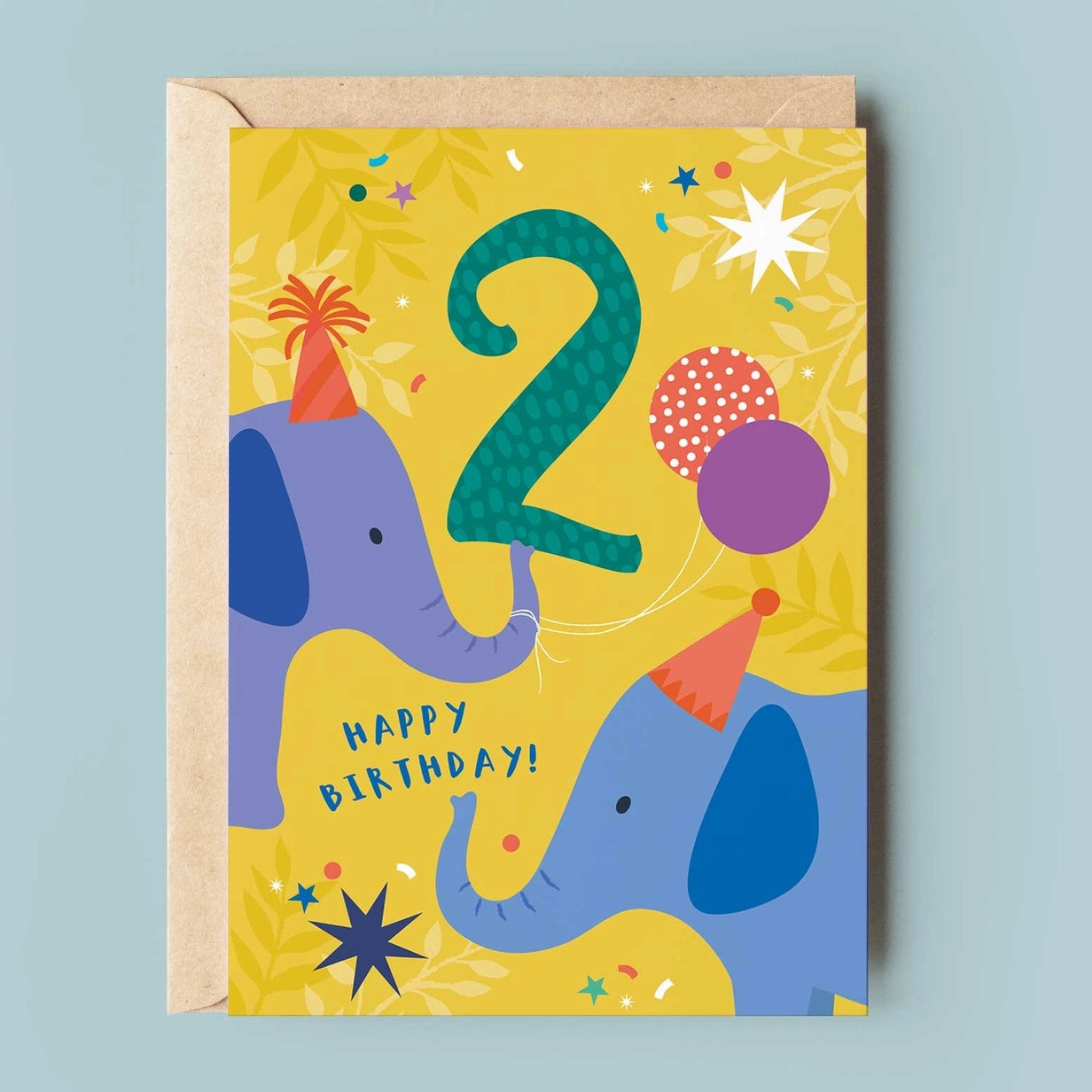 Greeting card featuring an illustration of two elephants wearing party hats. One is holding up the number '2' with it's trunk, while balloons with string are also tied to it. The text 'Happy Birthday' is printed on a yellow background. 