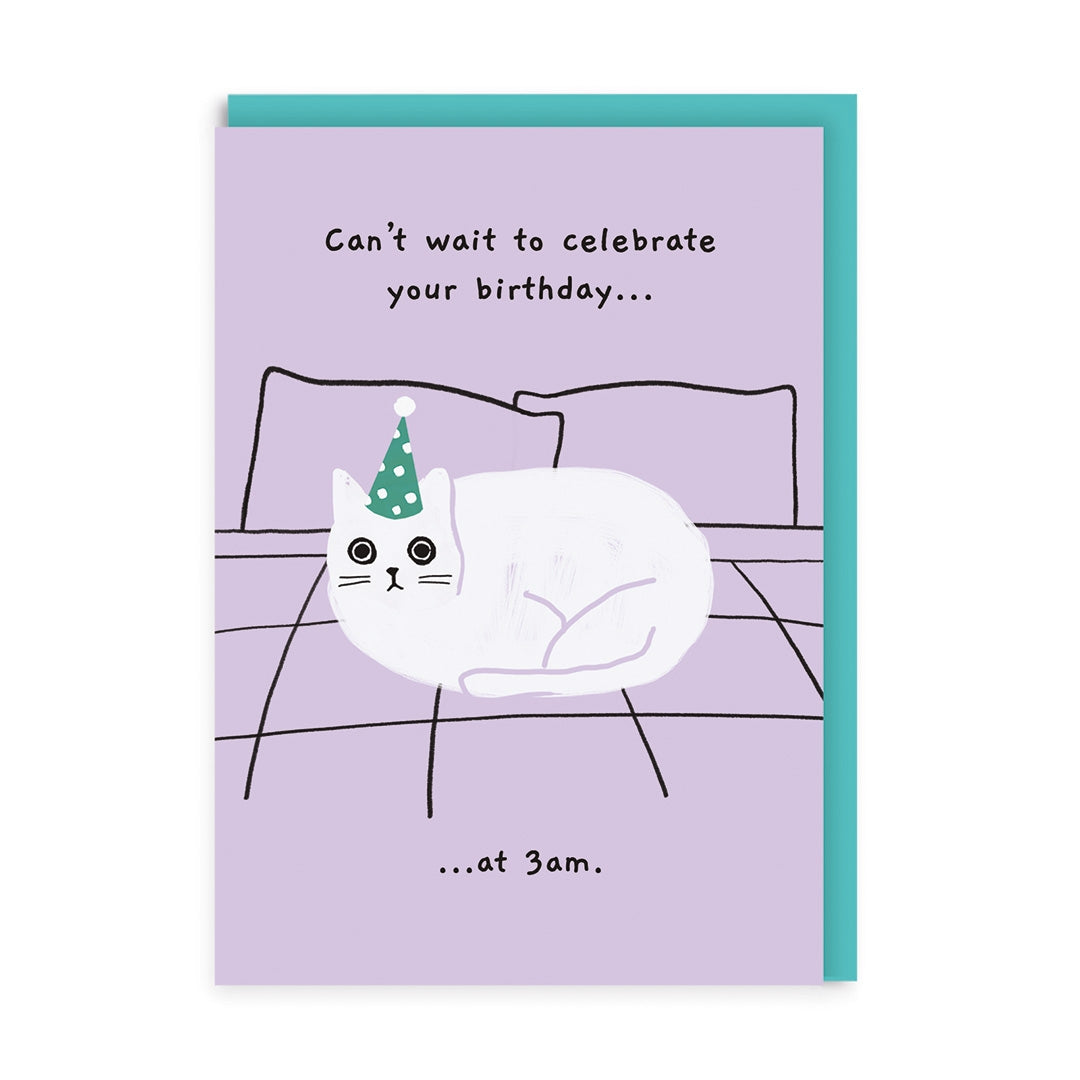 Greeting card with an illustration of a white cat wearing a party hat and text saying "Can't wait to celebrate your birthday...at 3am." on a purple background