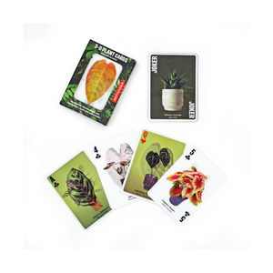 playing card package and 5 cards onto a white background. package has a picture of green leaves and plants. it also has a window revealing an orange leaf on a card. playing cards shown each have their own potted plant image. kikkerland product. 