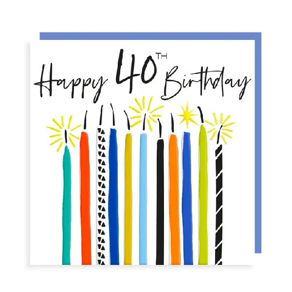 Birthday card with "Happy 40th Birthday" in cursive on top of colourful candles