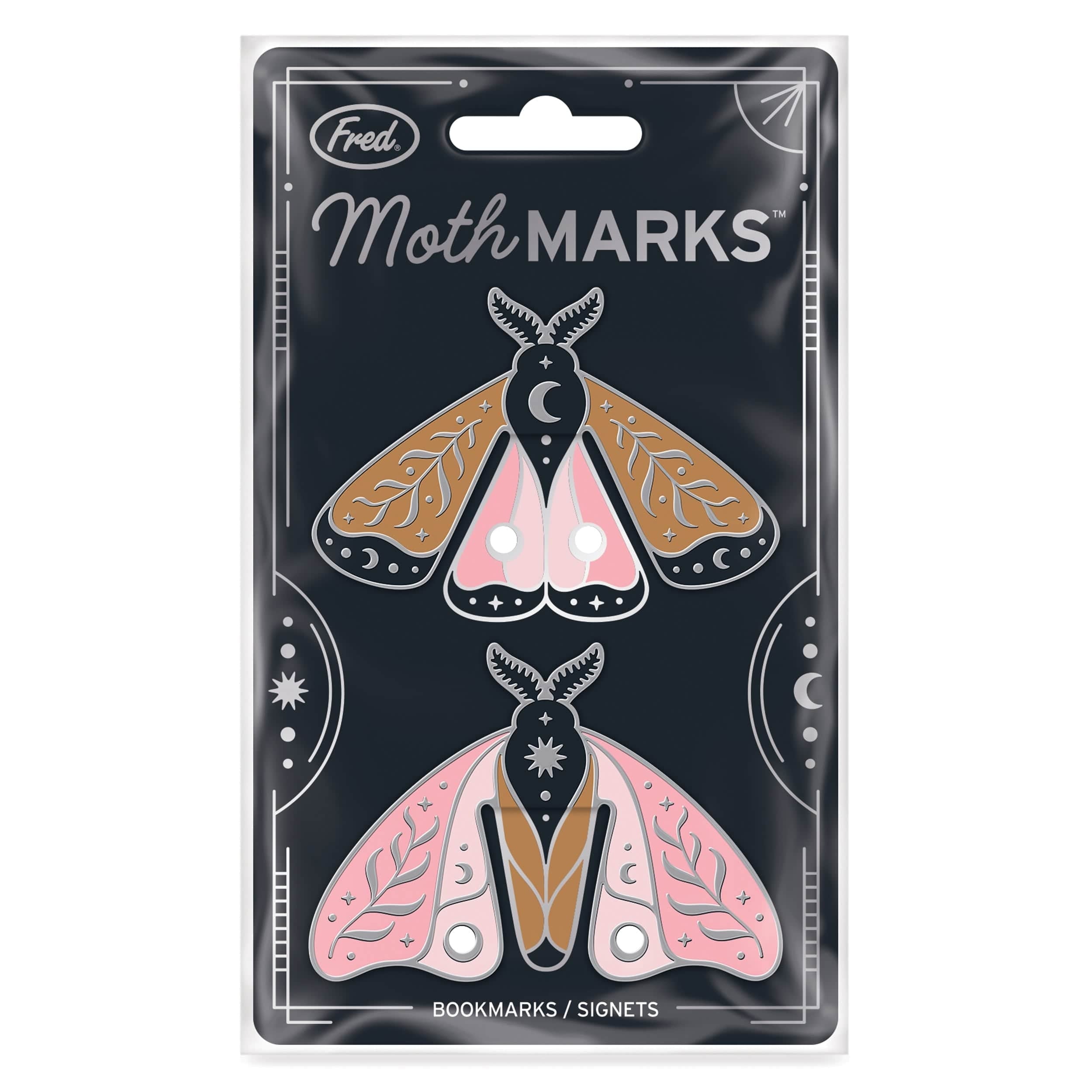 Set of 2 Packaged Moth MARKS steel bookmarks with moth designs on a black background