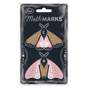 Set of 2 Packaged Moth MARKS steel bookmarks with moth designs on a black background