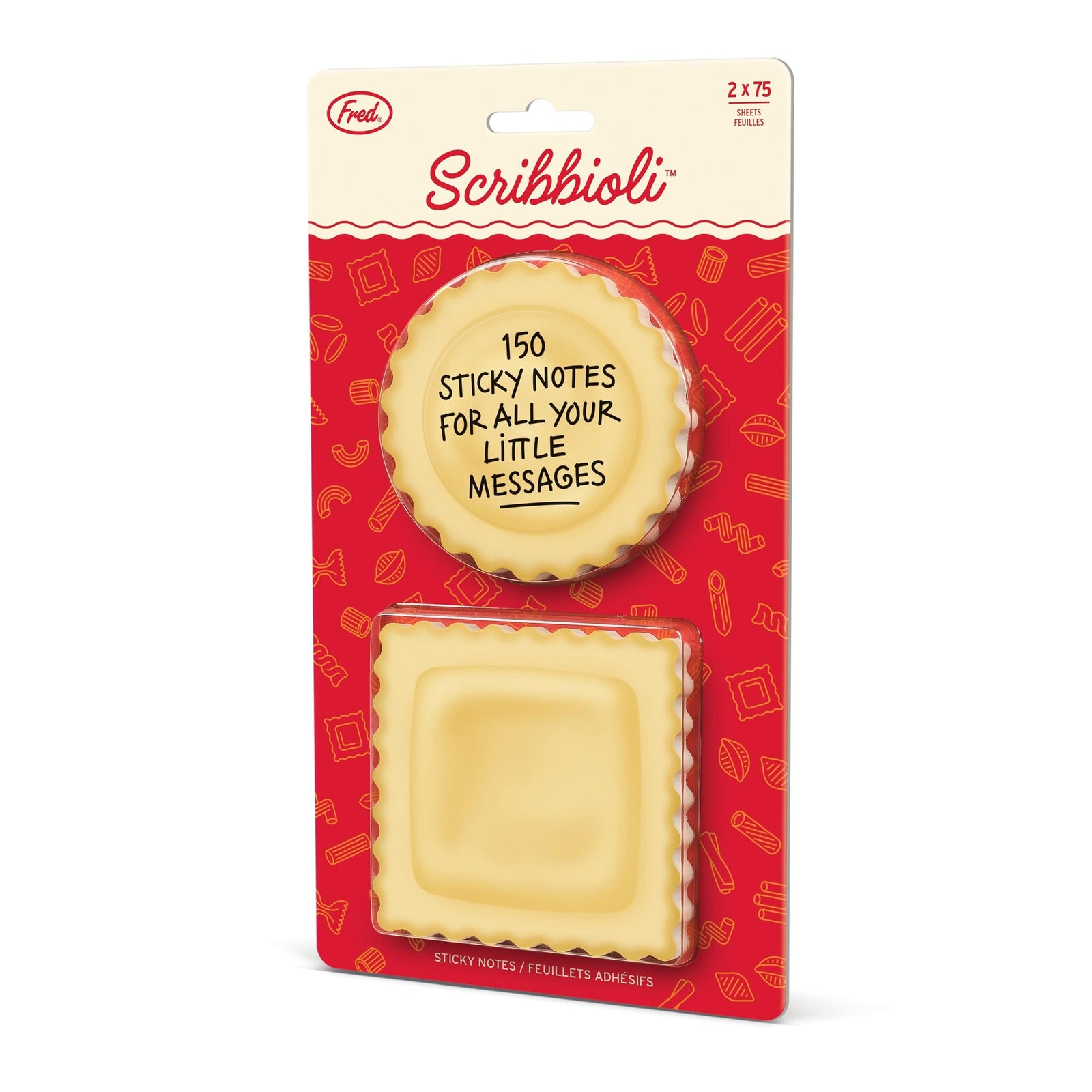 Scribbioli pasta shaped sticky notes packaging with red background 