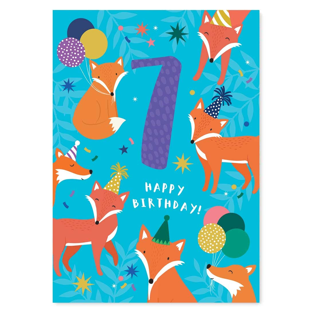 Greeting card featuring illustrations of foxes wearing party hats while one fox holds balloons tied with string it it's mouth. The text '7' and 'Happy Birthday!' are printed on a blue background along with the illustrations. 