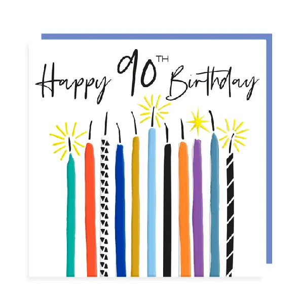 Birthday card with "Happy 90th Birthday" in cursive on top of colourful candles