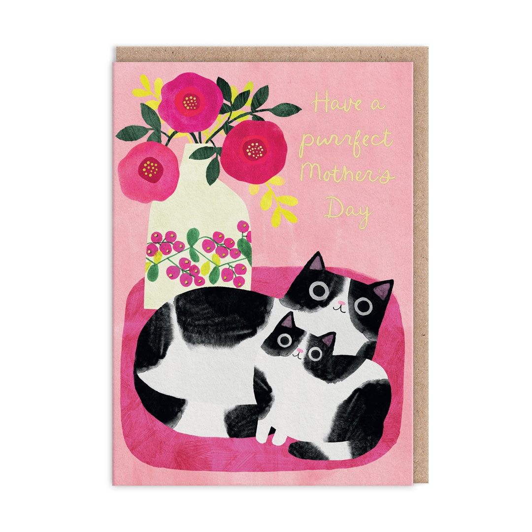 Greeting card with artwork of two cats and a vase of flowers on a pink background. The card has the text "Have a purrfect Mother's Day".