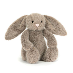 Jellycat fawn coloured bunny plush with a pink nose on a white background.