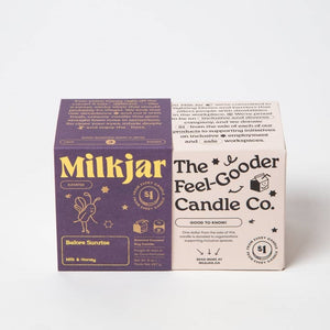 Purple and cream packaging box with Milkjar branding on a white surface.