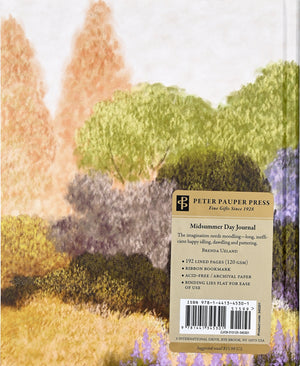 Back cover of a hardbound notepad showing an image of watercolour style abstract trees. 