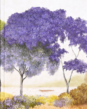Hardback notebook cover showing an image of watercolour style trees in shades of purple and green, set against a lighter background.