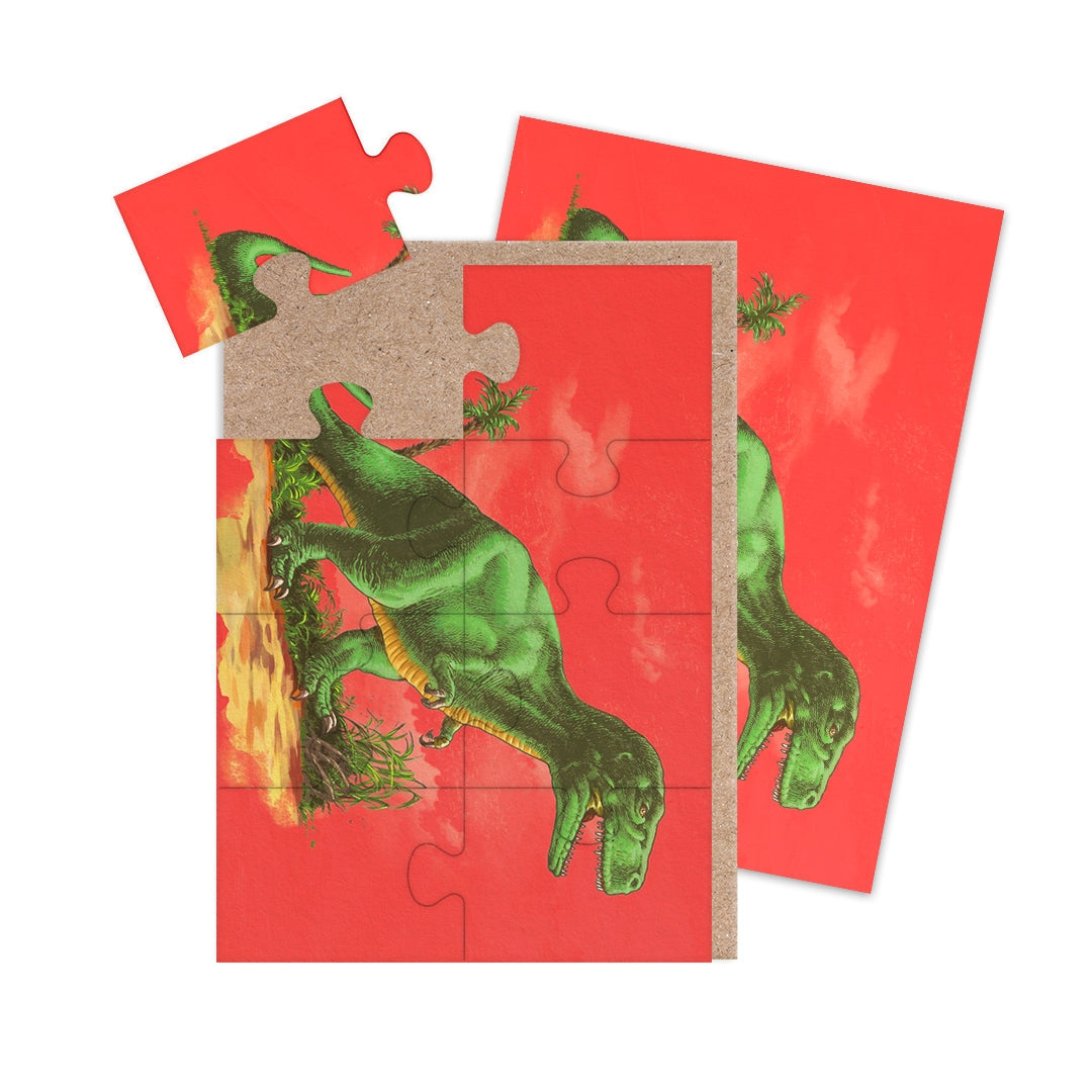 T-Rex themed puzzle greeting card with a red background.