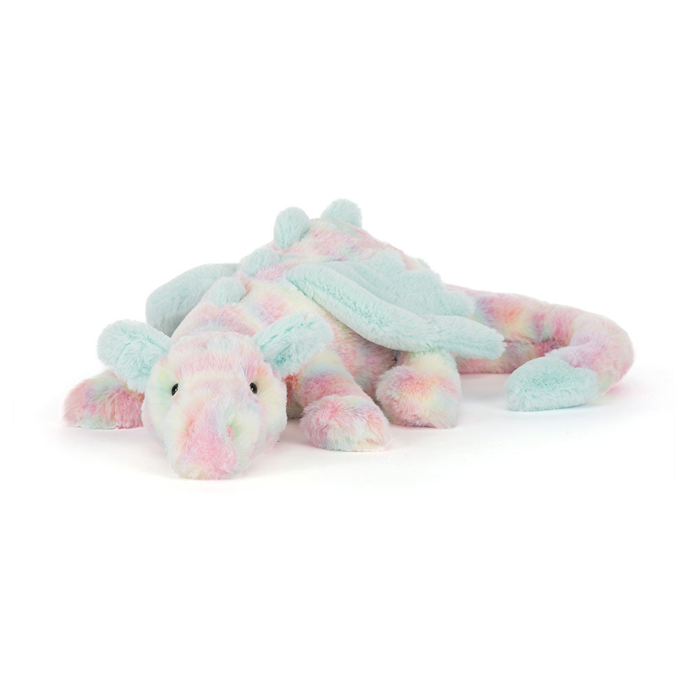 Jellycat multicoloured dragon plush toy on a white background.