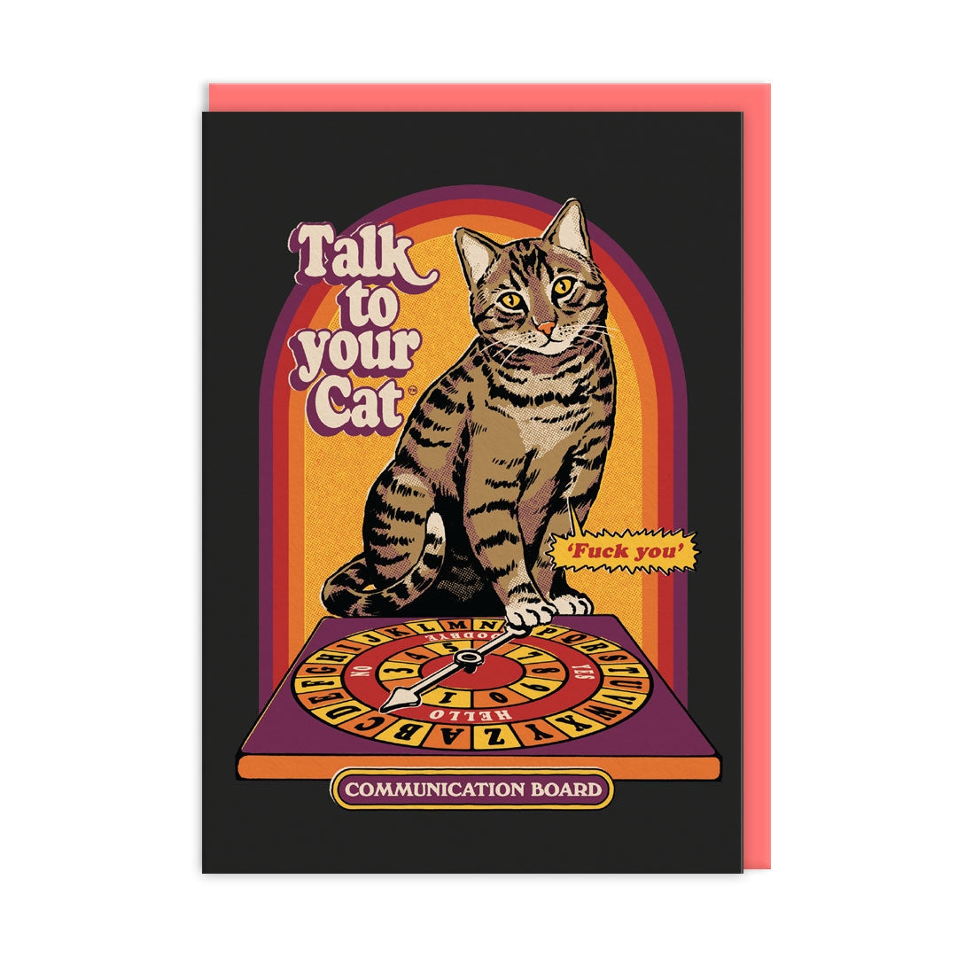 Greeting card with a cat on a communication board and the text 'Talk to your cat' and 'Fuck you!' on a black background. 