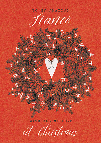 red christmas card with a greyscale wreath in the middle. a white heart hangs from a single-line bow at the centre of the wreath. "to my amazing fiancé" and "with all my love at christmas" are written in black and white. the text surrounds the wreath drawing