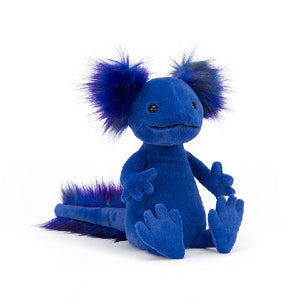 adorably soft plushie of a small, sitting, bright blue axolotl by popular brand Jellycat.