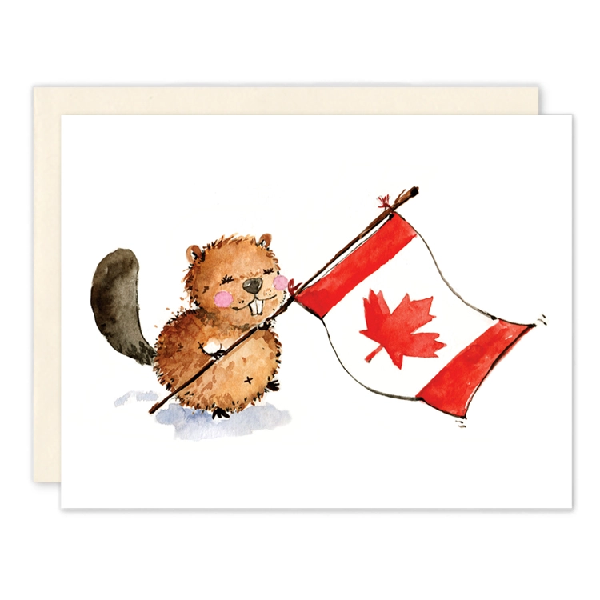 White blank card. A cute beaver holding the Canadian flag.