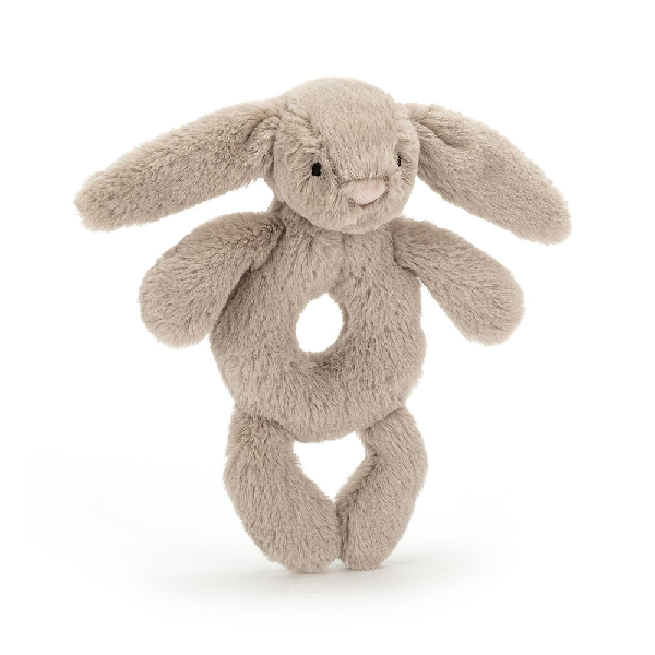 adorably soft ring rattle of a beige bunny by popular brand Jellycat.