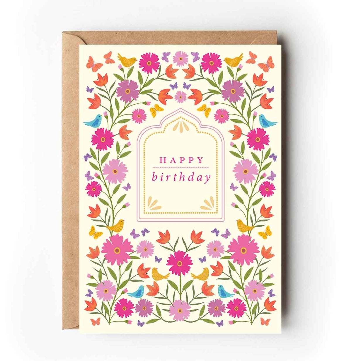 Greeting card featuring colourful illustrations of flowers and birds on a light coloured background. The text 'Happy Birthday' sits in an arched frame on the centre of the card. 