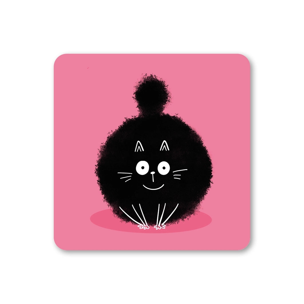 Coaster featuring an illustration of a fluffy black smiling cat on a pink background. 
