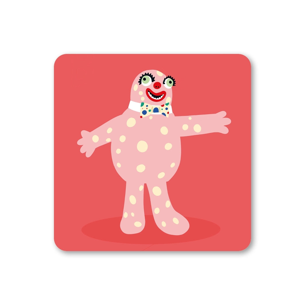 Coaster featuring an illustration of the character 'Mr. Blobby' on a red background.