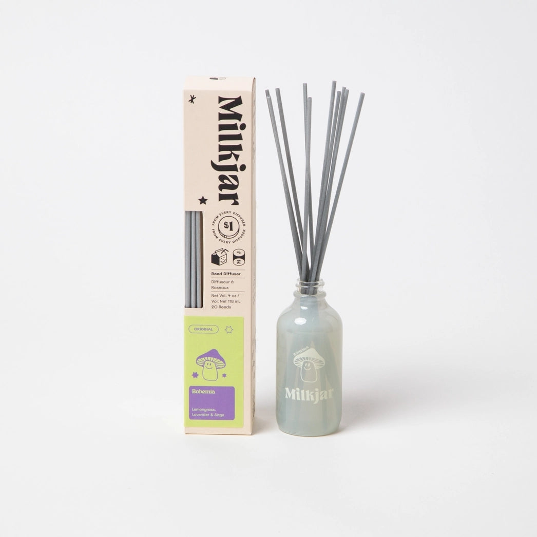 Mikijar diffuser bottle with sticks placed beside packaging on a white background
