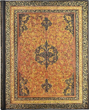 Hardback notebook cover featuring intricate gold and black designs 