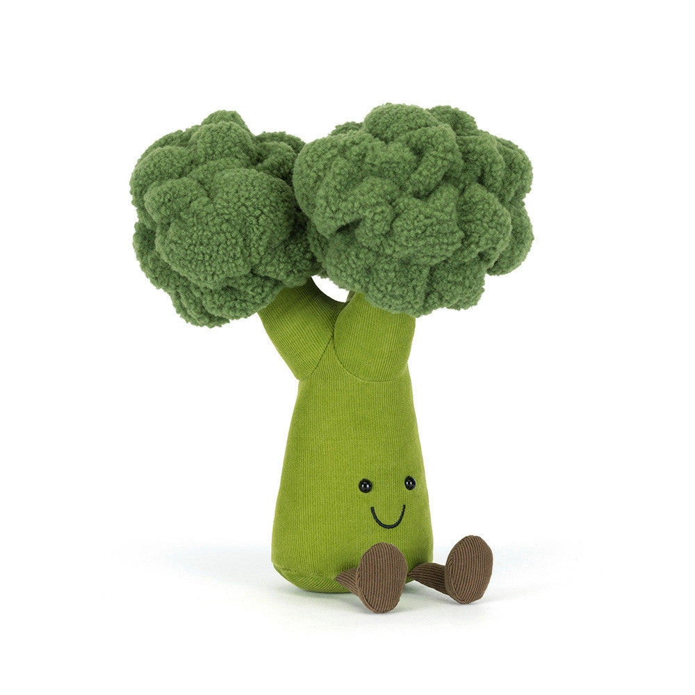 Front view of a Jellycat broccoli shaped plush with a smiling face on a white background