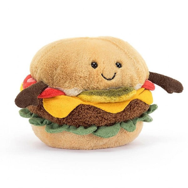 adorably soft plushie of a smiling burger with arms by popular brand Jellycat.