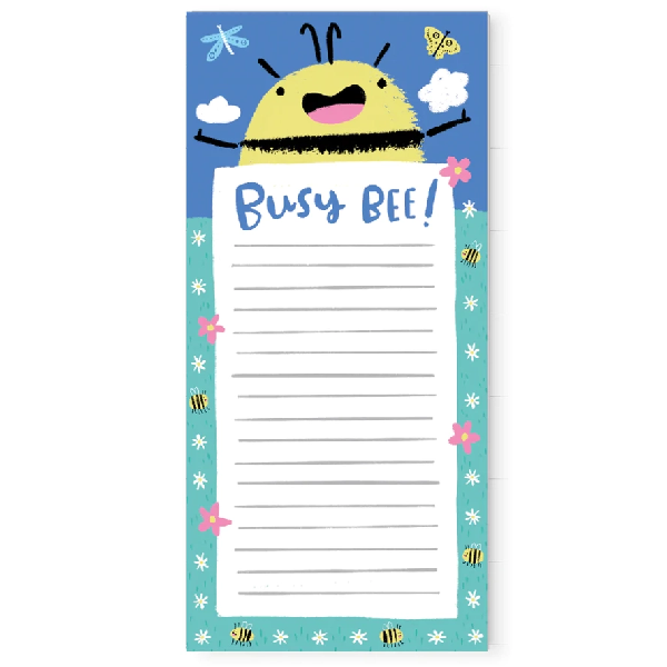 Blue notepad. A bee sits on top of the area for writing, with the text "busy bee!" under it. 