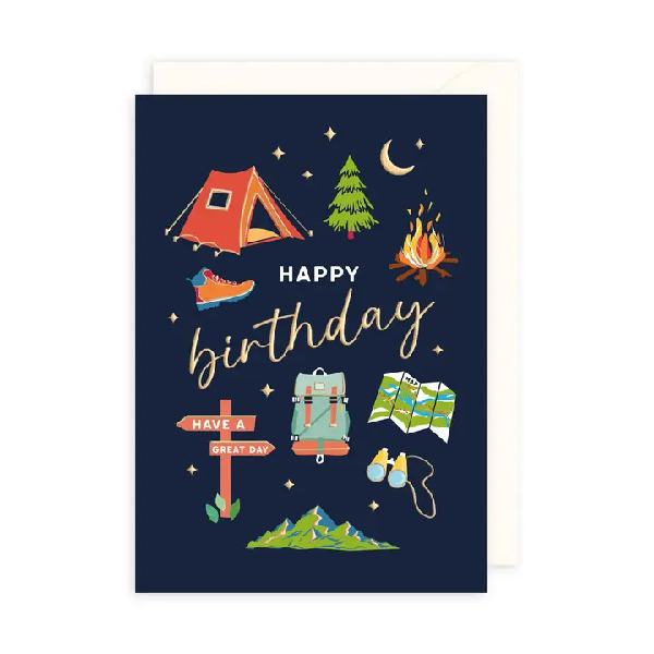 Dark blue birthday card. Cute camping icon, such as a tent, signs, a backpack, and a map, surround text "Happy Birthday".