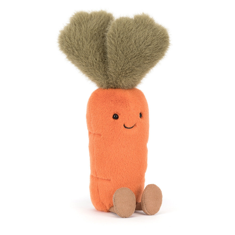 Front view of a Jellycat orange carrot shaped plush with a smiling face on a white background
