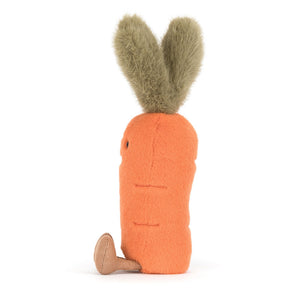 Side view of a Jellycat orange carrot shaped plush on a white background
