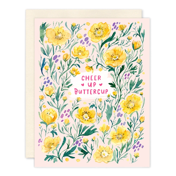 Pastel pink friendship card. Yellow buttercups surround hot pink text "cheer up buttercup" in the middle. 