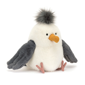 adorably soft plushie of a seagull with a grey tuff of hair by popular brand Jellycat.