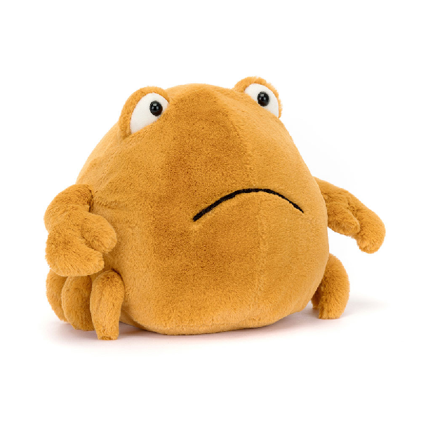 adorably soft plushie of a sad chunky yellow crab by popular brand Jellycat.