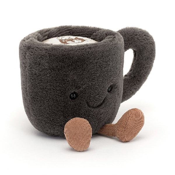 adorably soft plushie of a smiling coffee cup with feet by popular brand Jellycat.