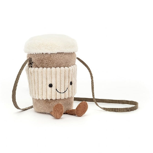 adorably soft plushie bag of a smiling to-go coffee cup with feet by popular brand Jellycat.