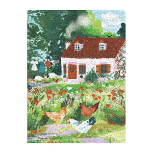 A completed jigsaw puzzle featuring an illustration of a cottage with wildflowers and chickens outside.