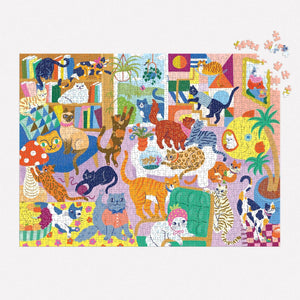Finished puzzle with colorful illustrations of cats in a living room setting in various positions. 