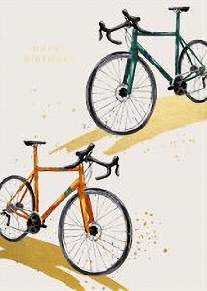 White birthday card. Two bikes on either side of the card framing the text "happy birthday" in gold.