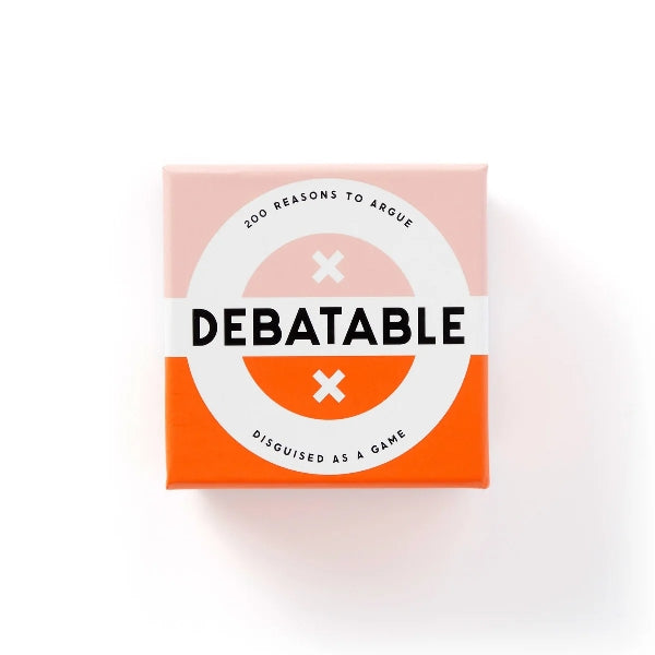 The image shows the packaging of the Debatable Game. The box is predominantly white with orange accents, and it has the product name 'Debatable' displayed on it.