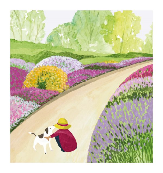 illustrated card of a person kneeling in front of a dog. the pair are on a path seperating flower fields