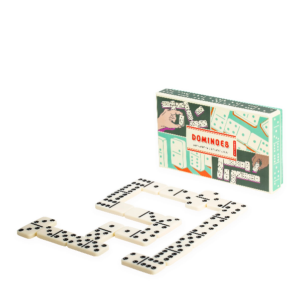 vintage light green package box and black and white dominoes on a white background. the green box has 4 collaged illustrations with hands and stacked dominoes. kikkerland product